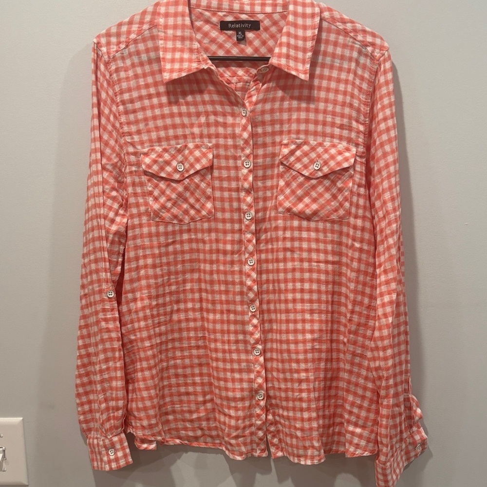 Relativity Coral and White Checkered Button Down Shirt